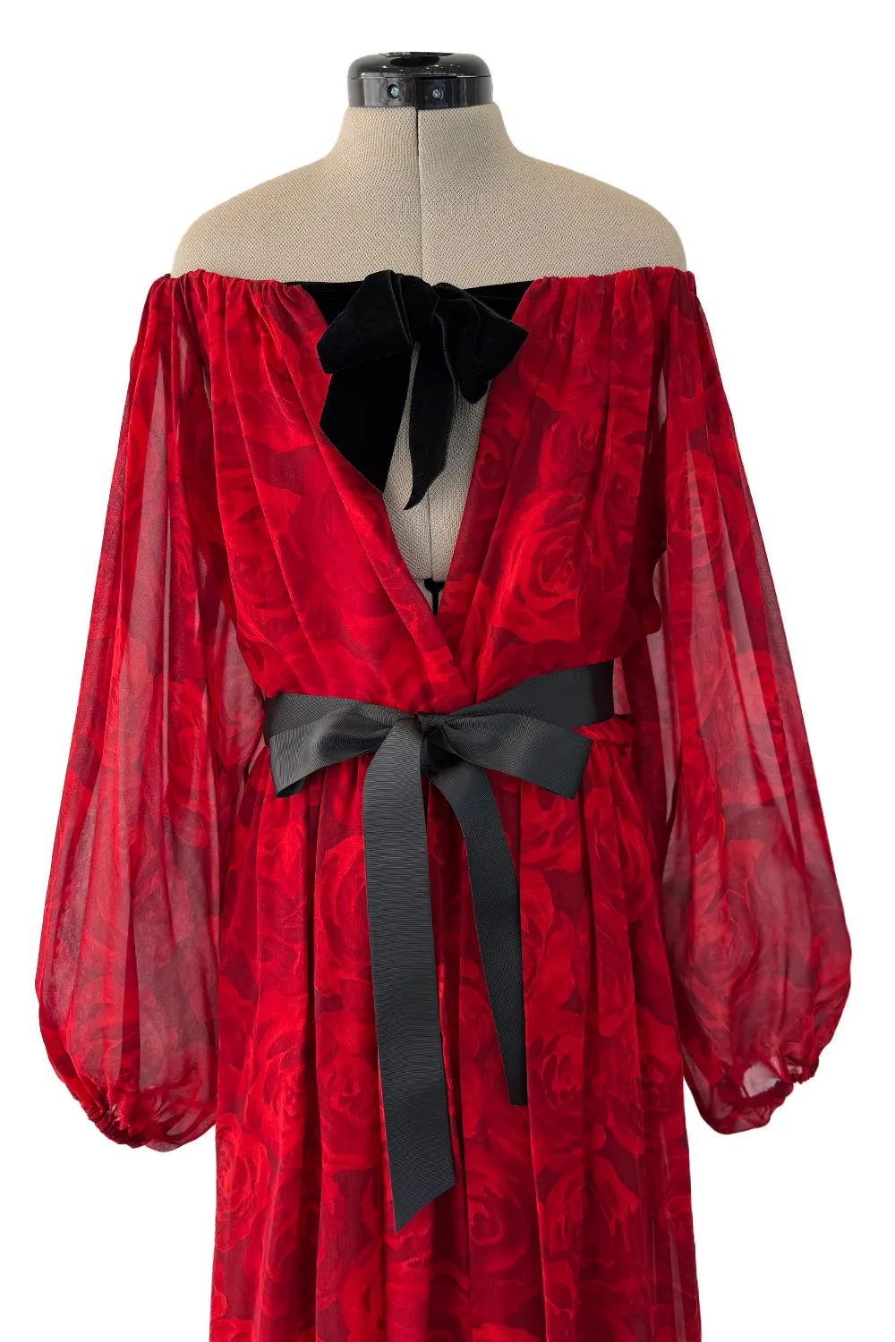 Beautiful Fall 1994 Yves Saint Laurent Red Rose Print Off Shoulder Dress w Velvet Bow