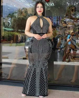 Belle In Pearls and Rhinestone Black Gown Dress