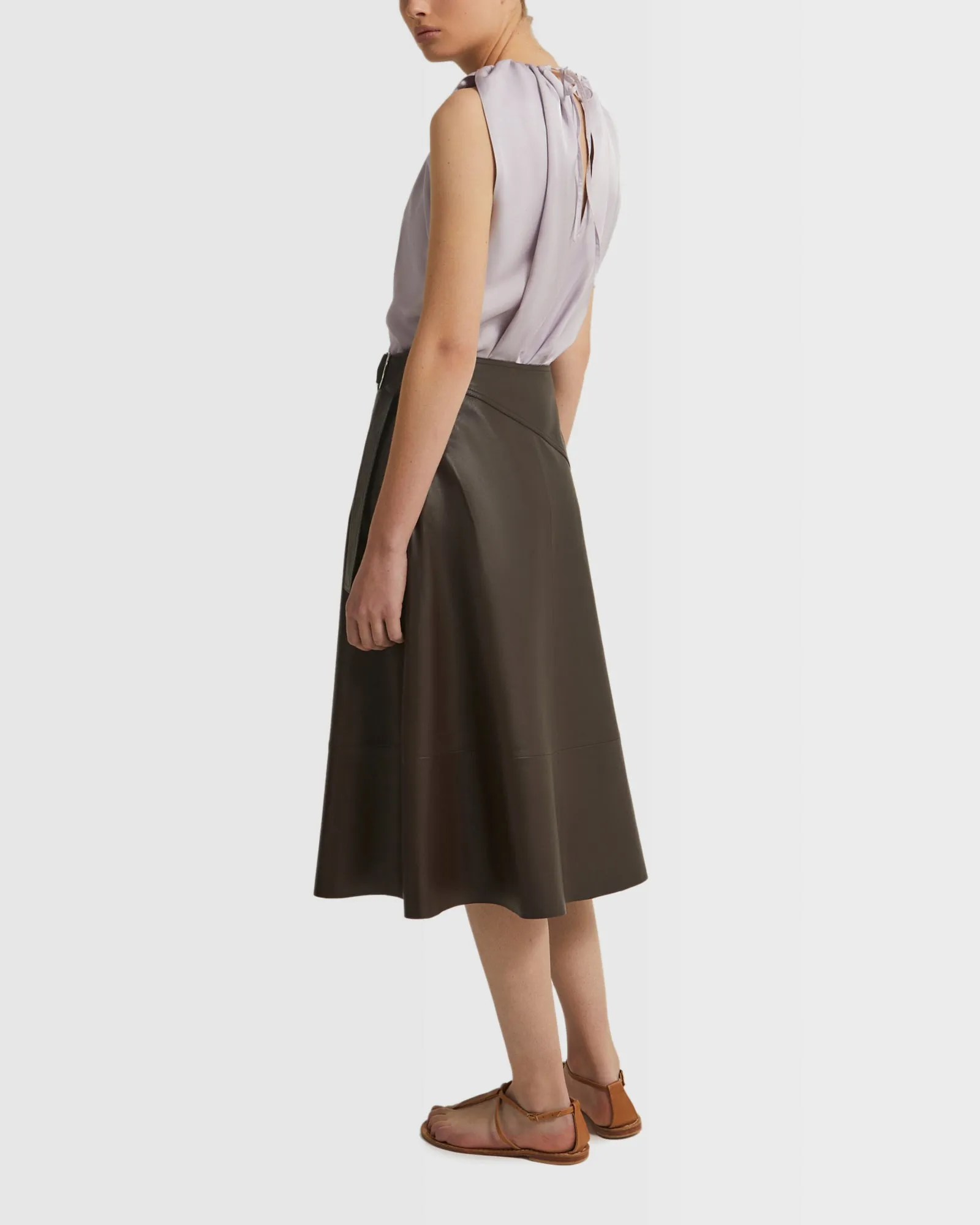Belted leather midi skirt