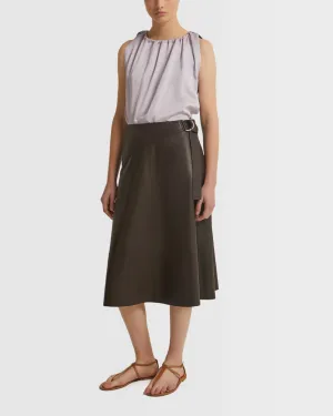 Belted leather midi skirt