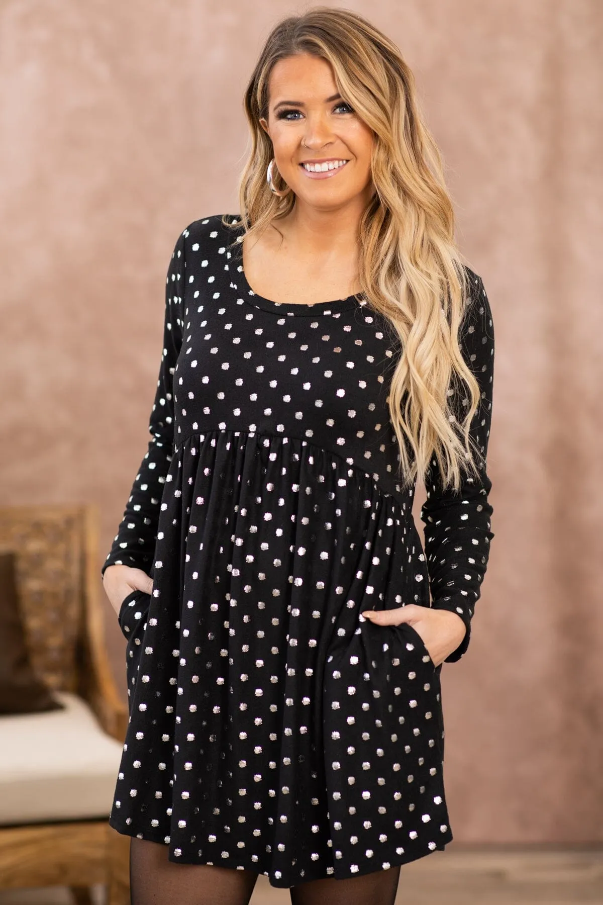 Black and Silver Metallic Dot Print Dress