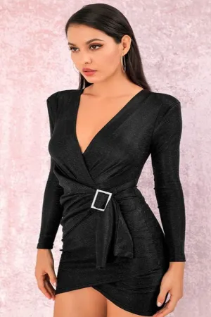 Black Metallic Foil Long Sleeve Asymmetric Belted Mini Dress