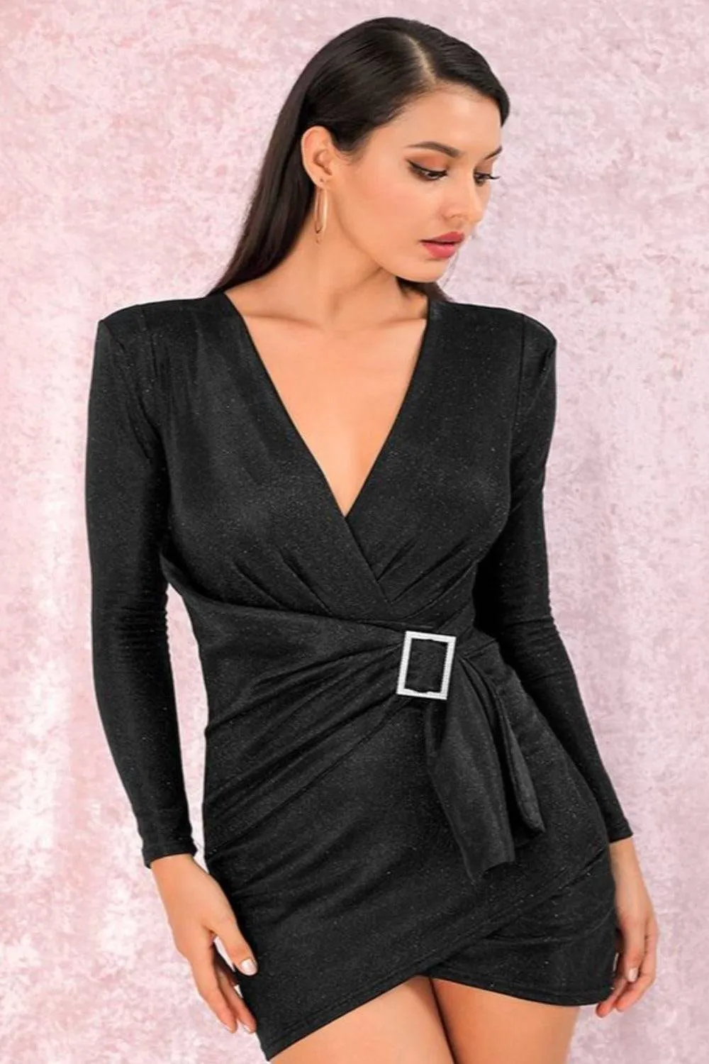 Black Metallic Foil Long Sleeve Asymmetric Belted Mini Dress