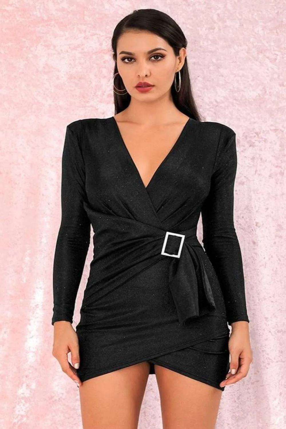 Black Metallic Foil Long Sleeve Asymmetric Belted Mini Dress