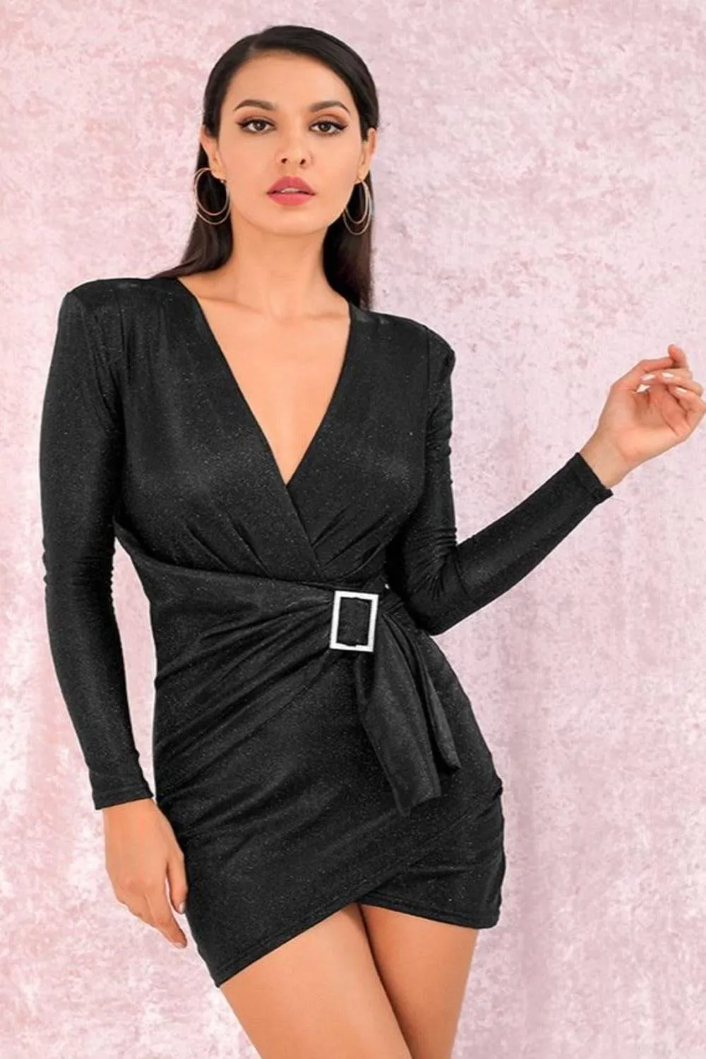 Black Metallic Foil Long Sleeve Asymmetric Belted Mini Dress