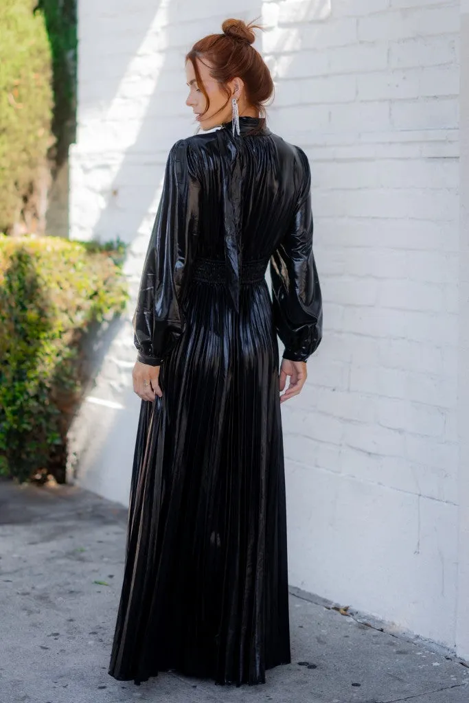 Black Metallic Long Sleeve Pleated Maxi Dress