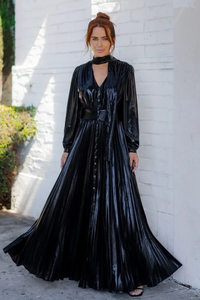 Black Metallic Long Sleeve Pleated Maxi Dress