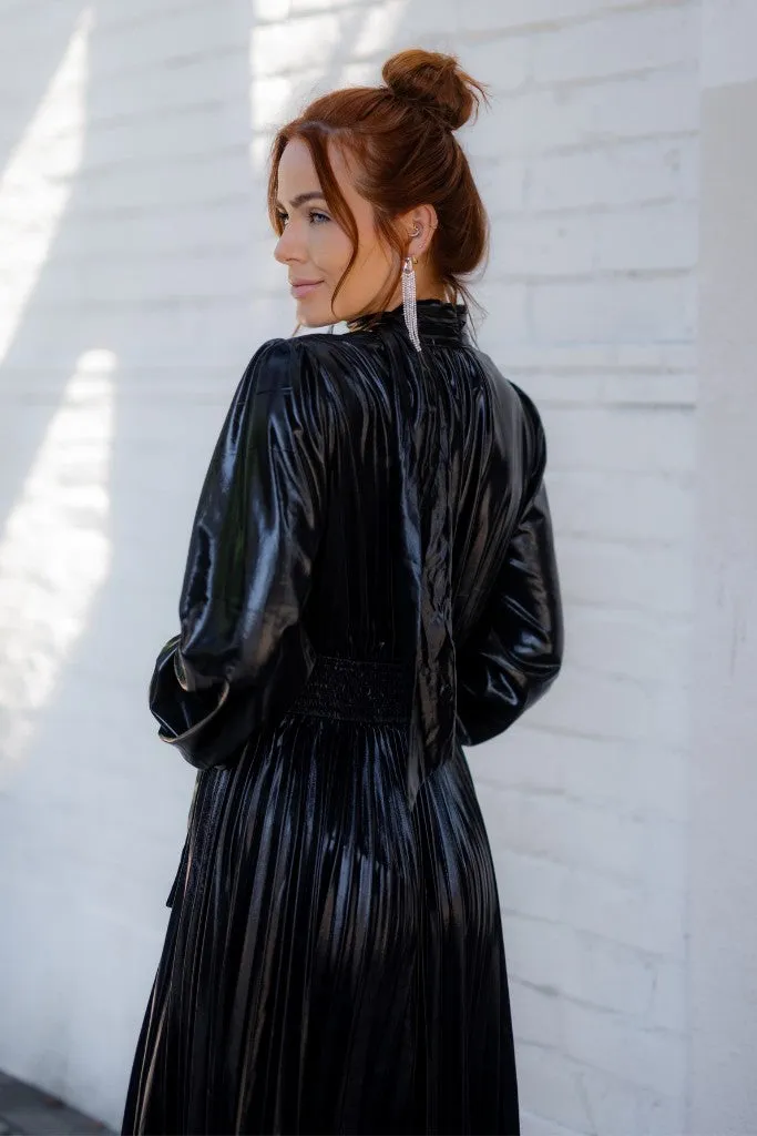 Black Metallic Long Sleeve Pleated Maxi Dress