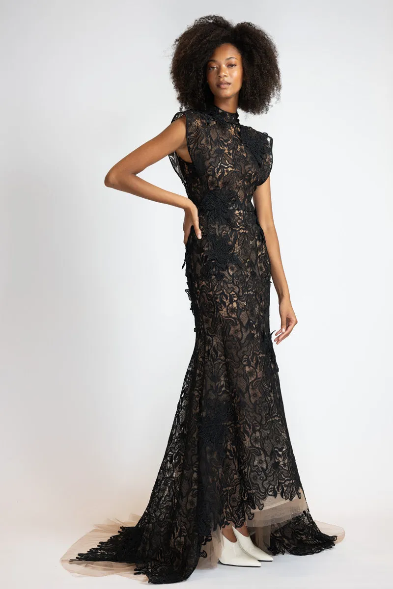 Black Nomad Lace Column Gown with Trumpet Train