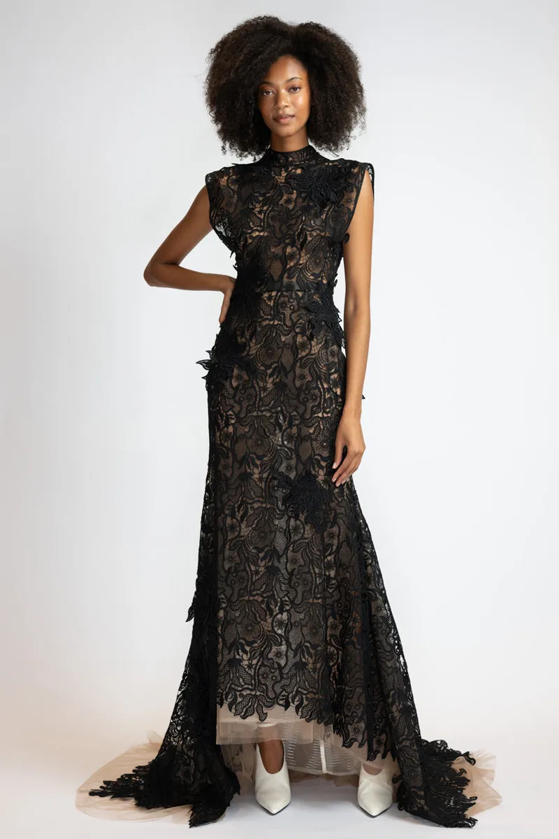 Black Nomad Lace Column Gown with Trumpet Train