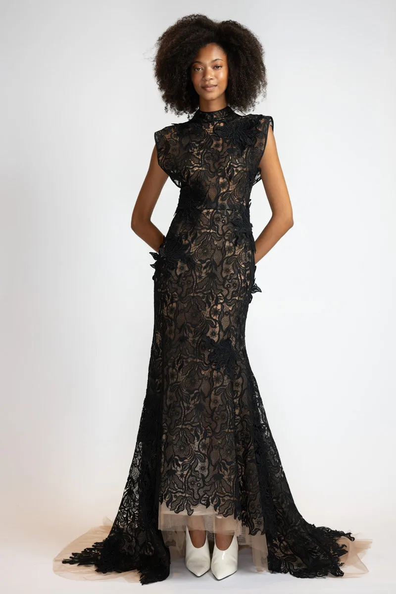 Black Nomad Lace Column Gown with Trumpet Train