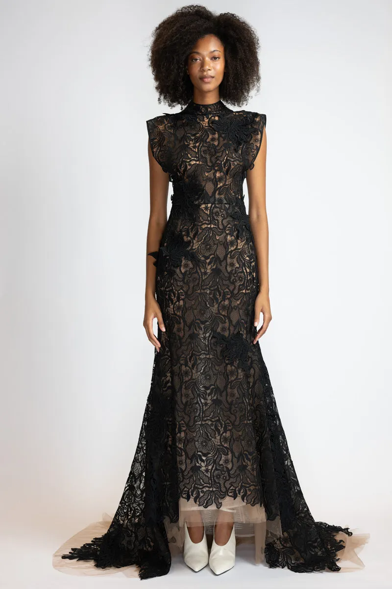 Black Nomad Lace Column Gown with Trumpet Train