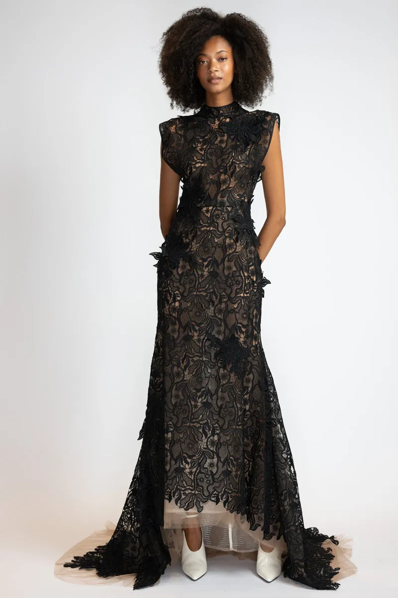 Black Nomad Lace Column Gown with Trumpet Train