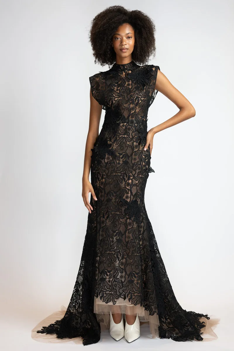 Black Nomad Lace Column Gown with Trumpet Train