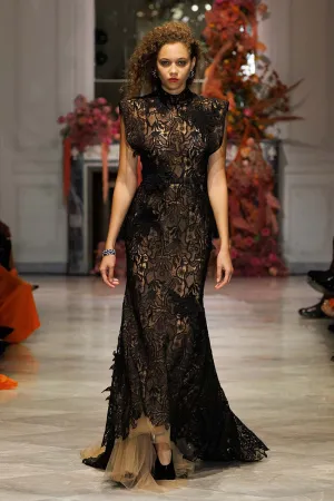Black Nomad Lace Column Gown with Trumpet Train