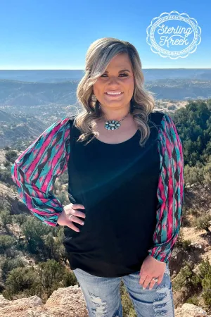 Black top with sheer colorful long sleeves