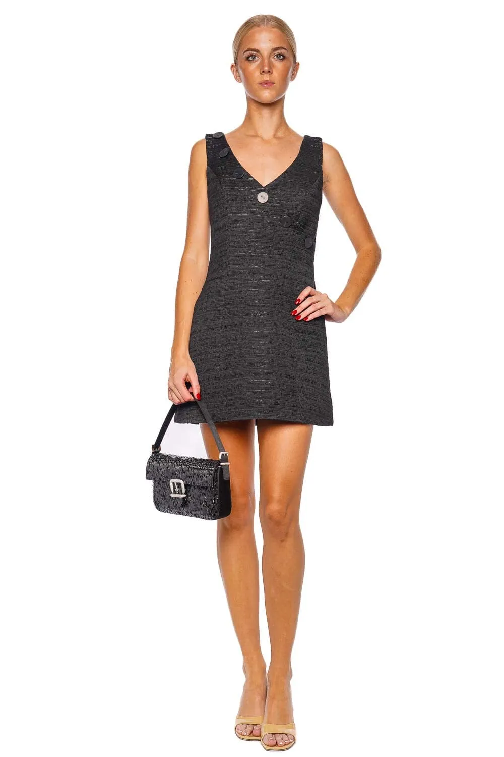 Black Tweed Wrap Button Mini Dress