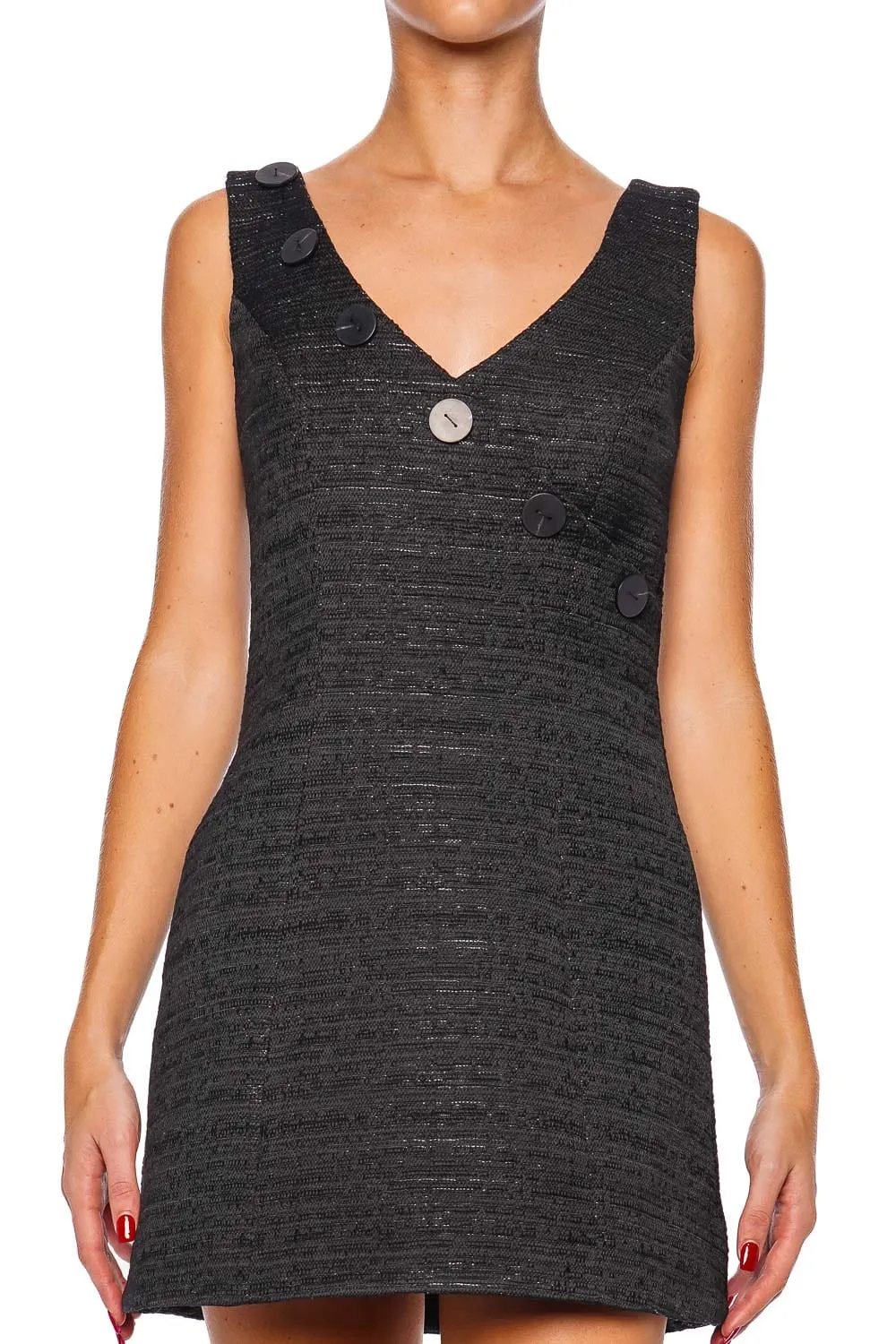 Black Tweed Wrap Button Mini Dress