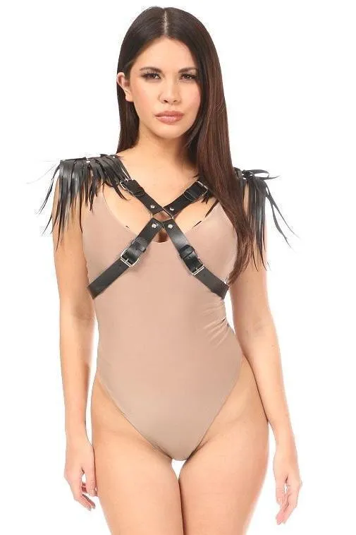 Black Vegan Leather Body Harness w/Shoulder Fringe