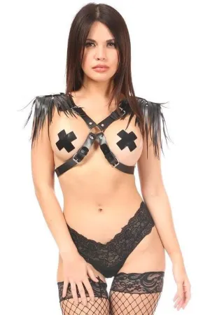 Black Vegan Leather Body Harness w/Shoulder Fringe