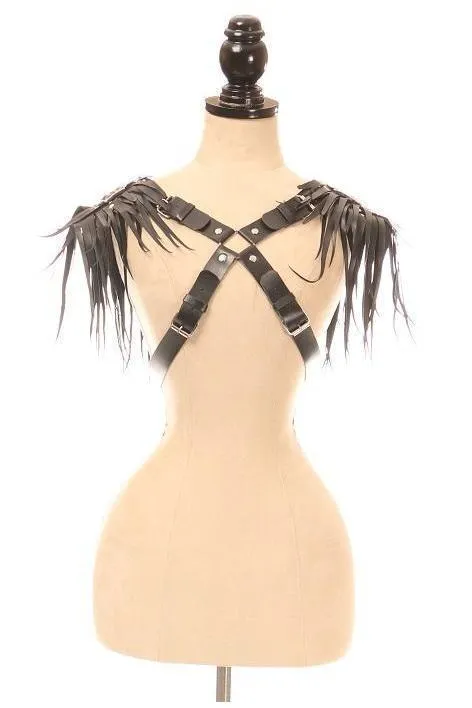 Black Vegan Leather Body Harness w/Shoulder Fringe