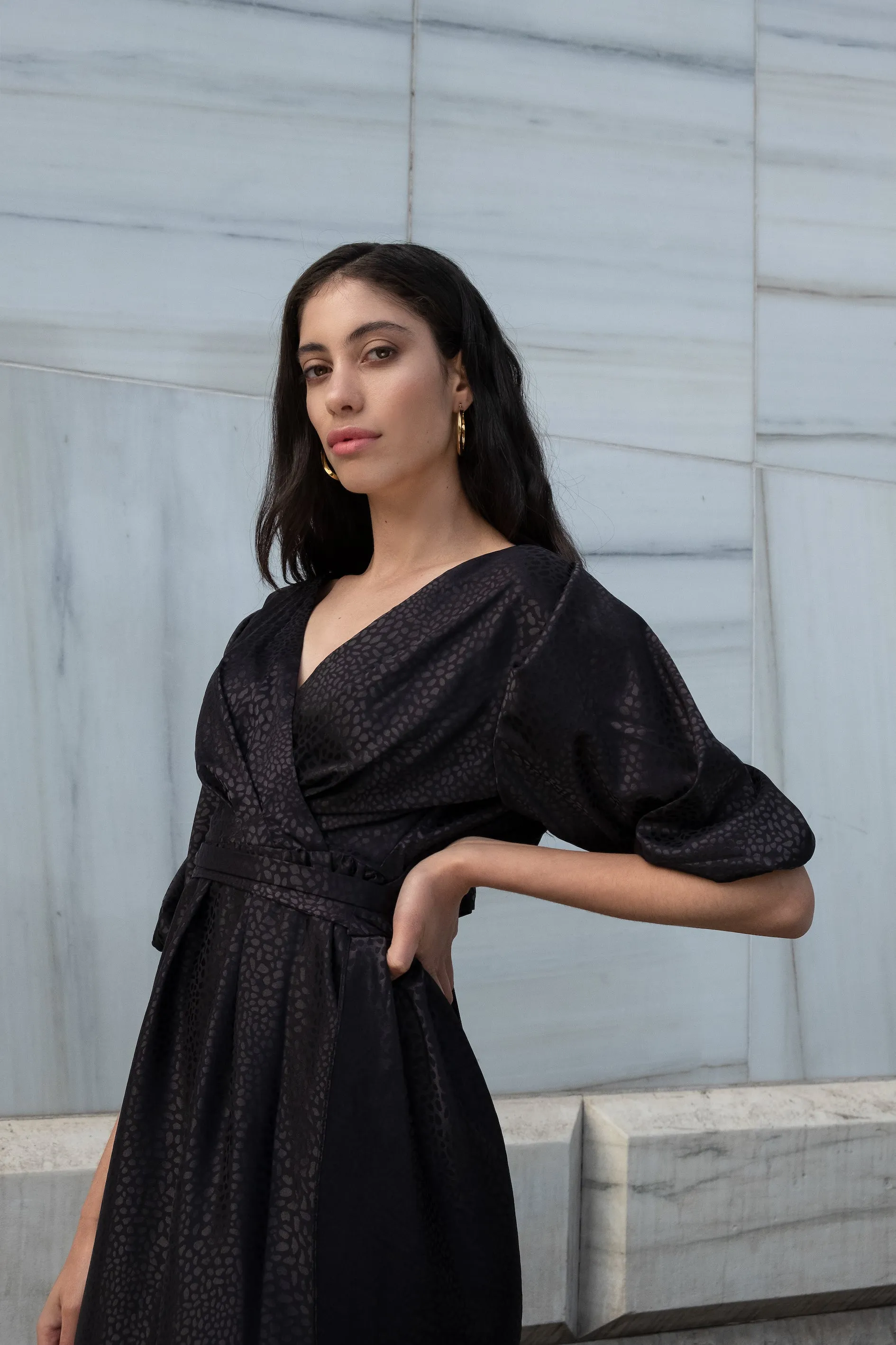 Bloom Black Jacquard Draped Wrap Dress