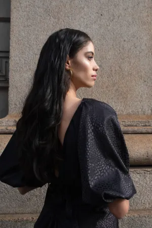 Bloom Black Jacquard Draped Wrap Dress