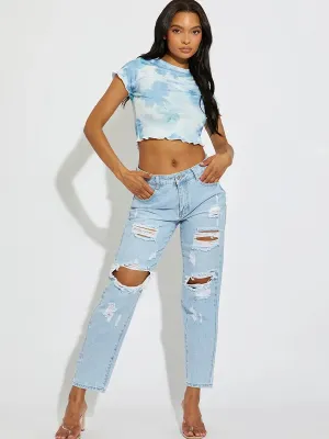 Blue Floral Watercolour Print Ribbed Crop Top