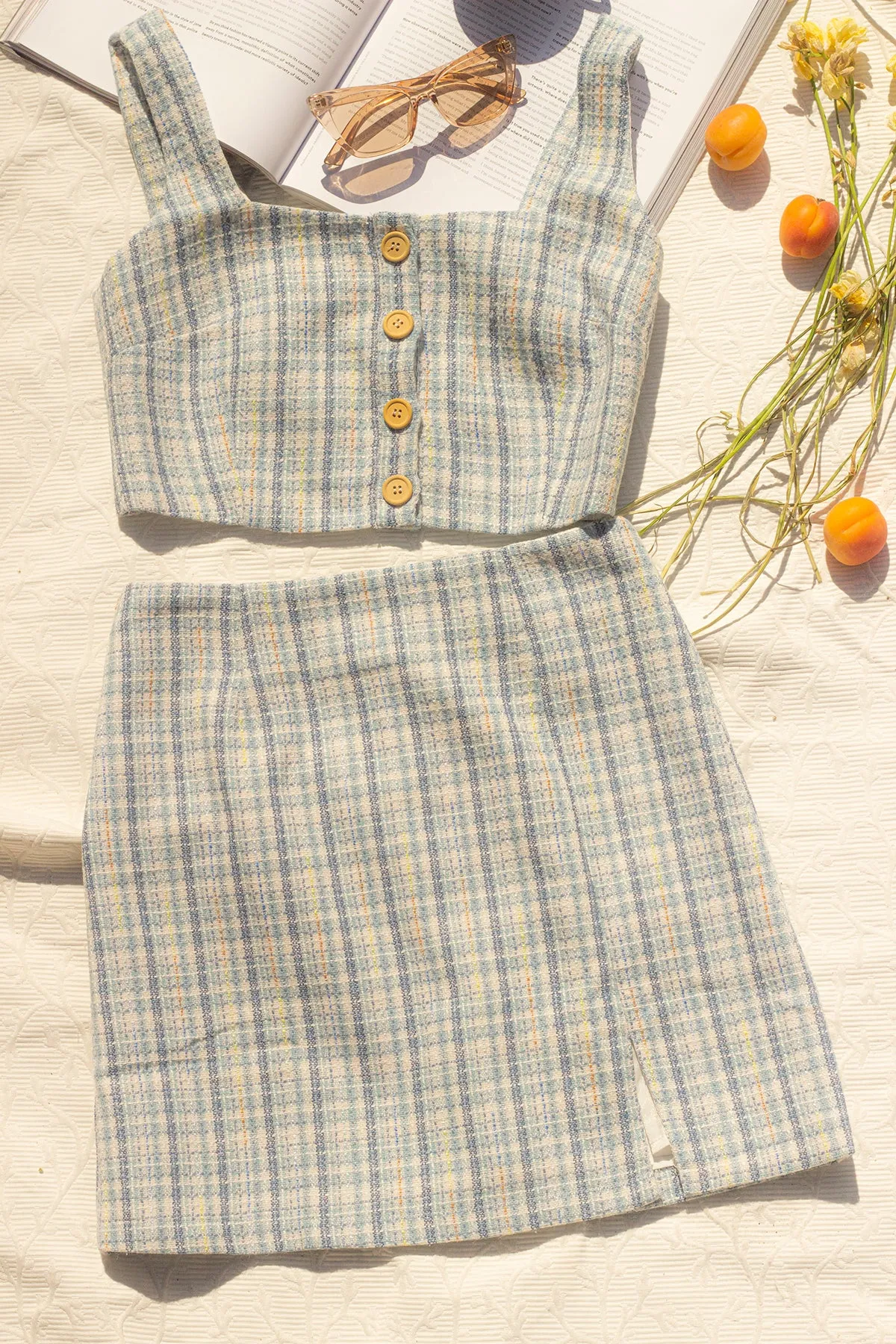 Blue Tweed Crop Top