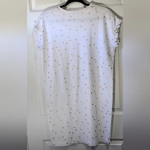 Boden white cotton dress metallic gold polka dots ruffled arms women's s…