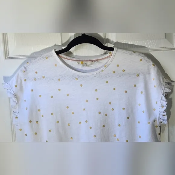 Boden white cotton dress metallic gold polka dots ruffled arms women's s…