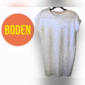 Boden white cotton dress metallic gold polka dots ruffled arms women's s…