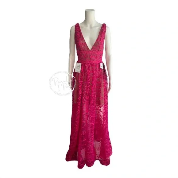Bronx & Banco Megan Fuchsia Maxi Dress Gown Floral V Neck Flower Appliqué
