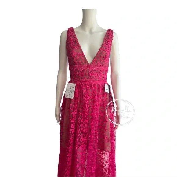 Bronx & Banco Megan Fuchsia Maxi Dress Gown Floral V Neck Flower Appliqué