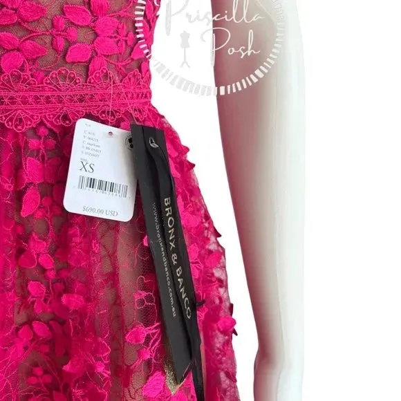 Bronx & Banco Megan Fuchsia Maxi Dress Gown Floral V Neck Flower Appliqué
