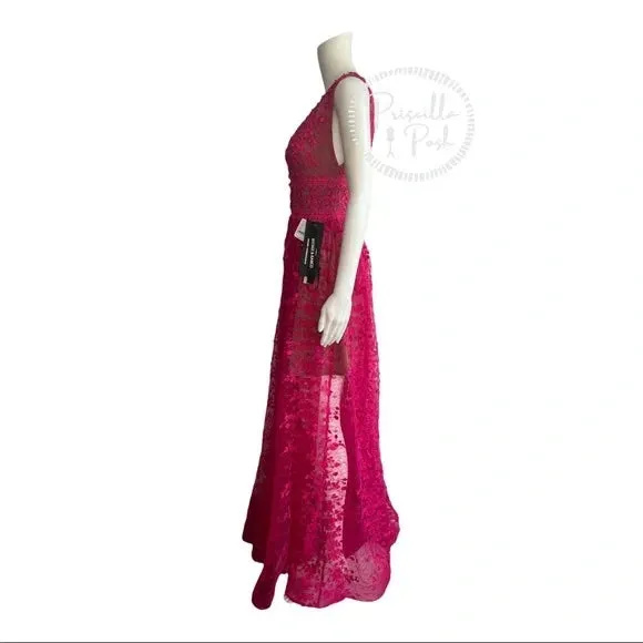 Bronx & Banco Megan Fuchsia Maxi Dress Gown Floral V Neck Flower Appliqué