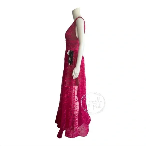Bronx & Banco Megan Fuchsia Maxi Dress Gown Floral V Neck Flower Appliqué