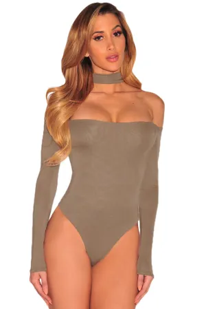 Brown Choker Off Shoulder Bodysuit