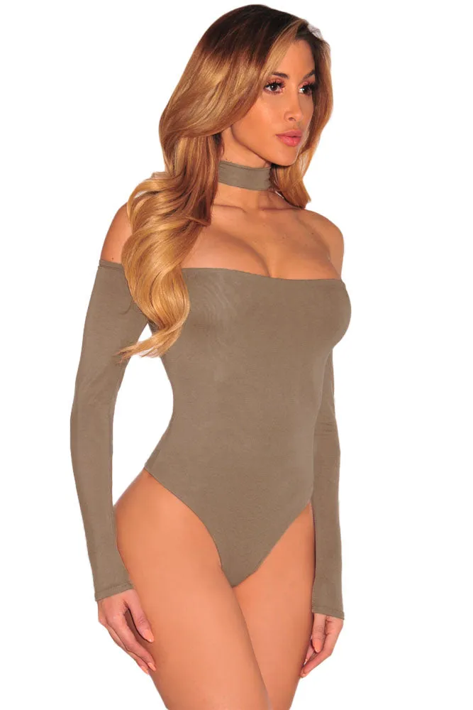Brown Choker Off Shoulder Bodysuit