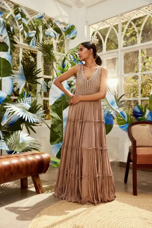 Brown Mesh Tiered Gown