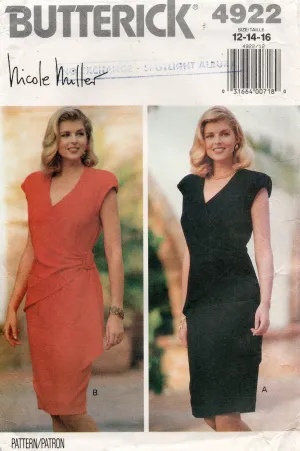 Butterick 4922 NICOLE MILLER Womens Mock Wrap Dress 1990s Vintage Sewing Pattern Size 12 - 16 UNCUT Factory Folded