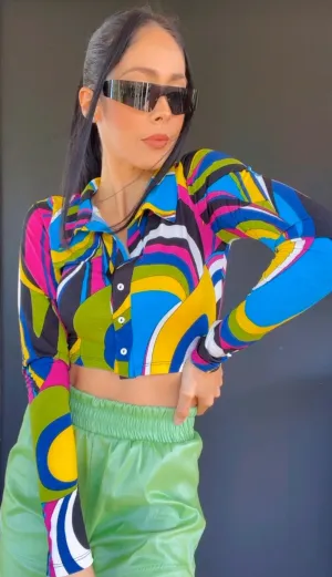 Button Up Multicolor Crop Top
