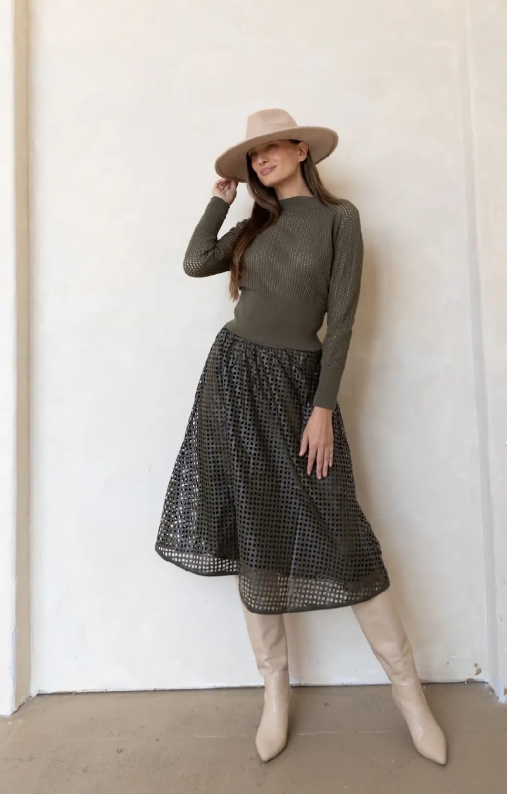 Byrd Nessa Knit Top & Leather Skirt Set in Hunter