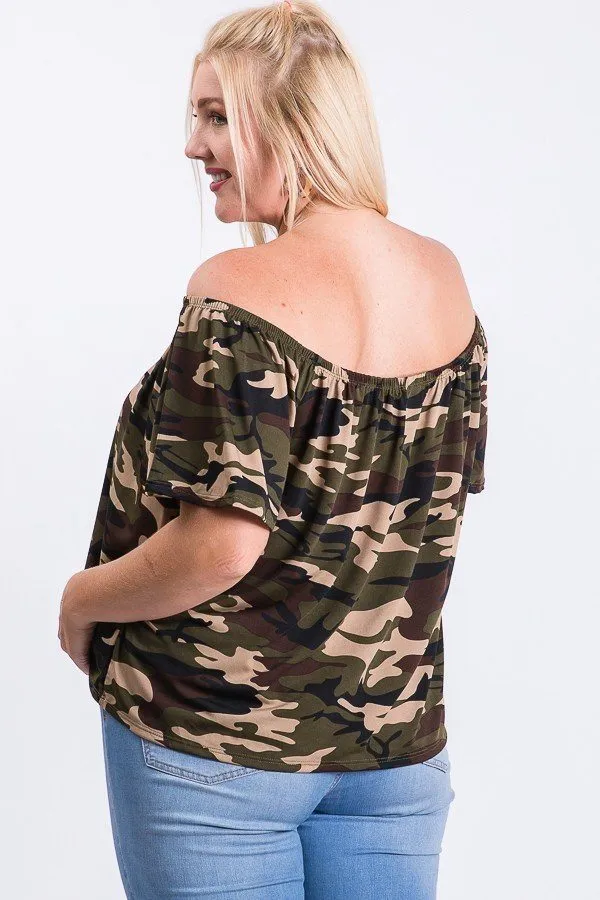 Camo Print Cool Off Shoulder Top