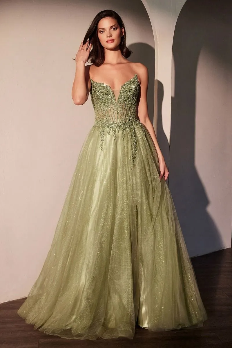 CD CC487 - Strapless Shimmering Tulle A-line prom Gown with Bead Embellished Bodice & Lace Up Corset Back