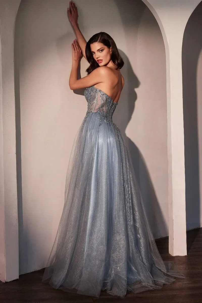 CD CC487 - Strapless Shimmering Tulle A-line prom Gown with Bead Embellished Bodice & Lace Up Corset Back