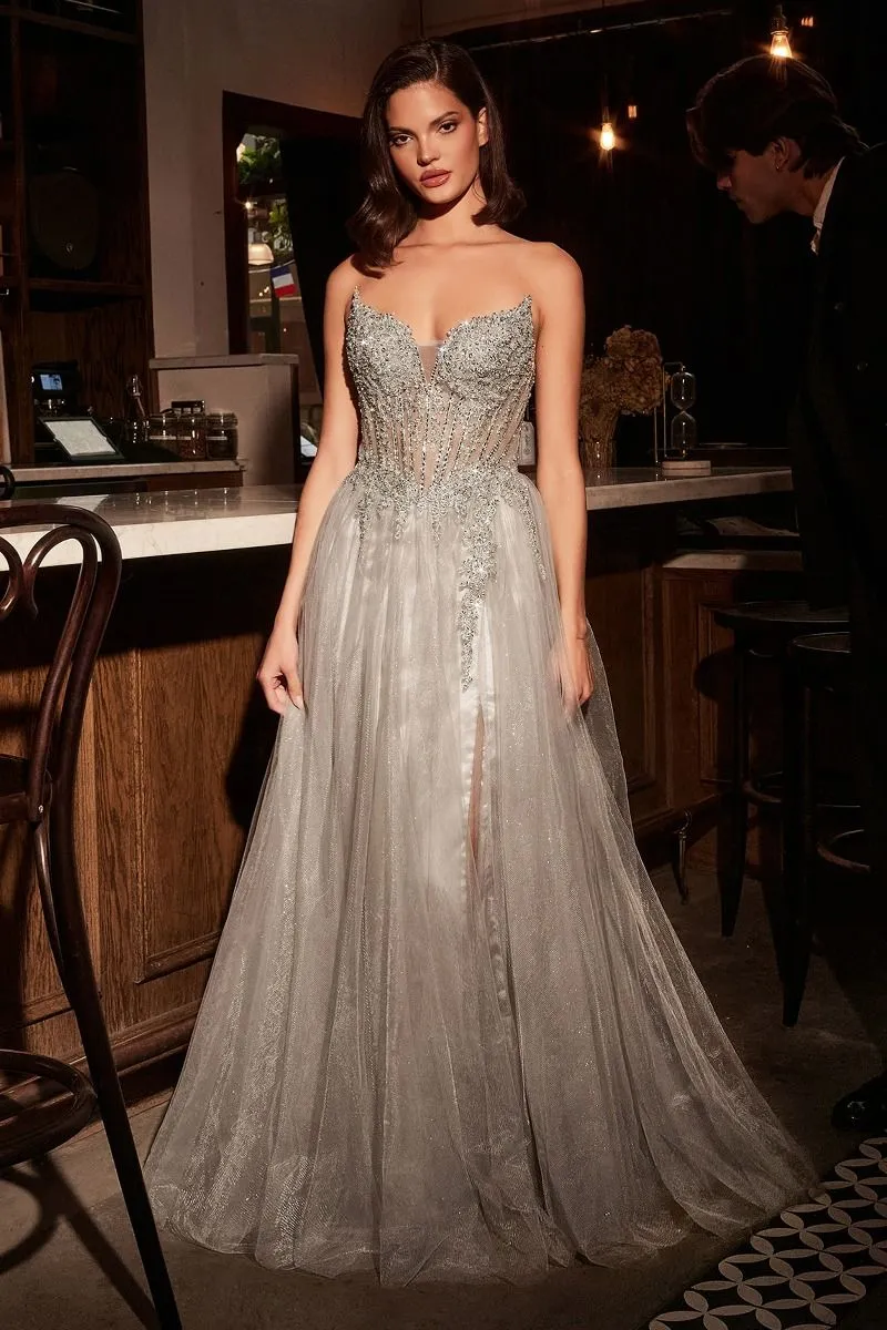 CD CC487 - Strapless Shimmering Tulle A-line prom Gown with Bead Embellished Bodice & Lace Up Corset Back