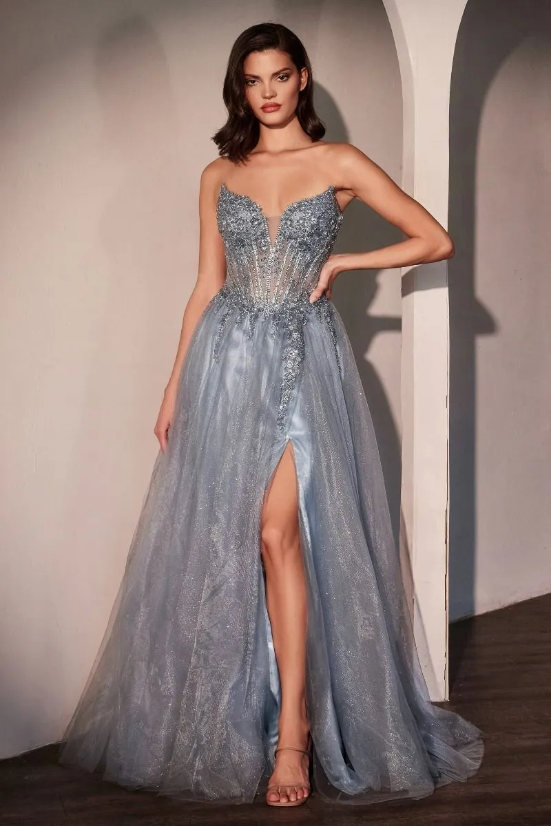 CD CC487 - Strapless Shimmering Tulle A-line prom Gown with Bead Embellished Bodice & Lace Up Corset Back