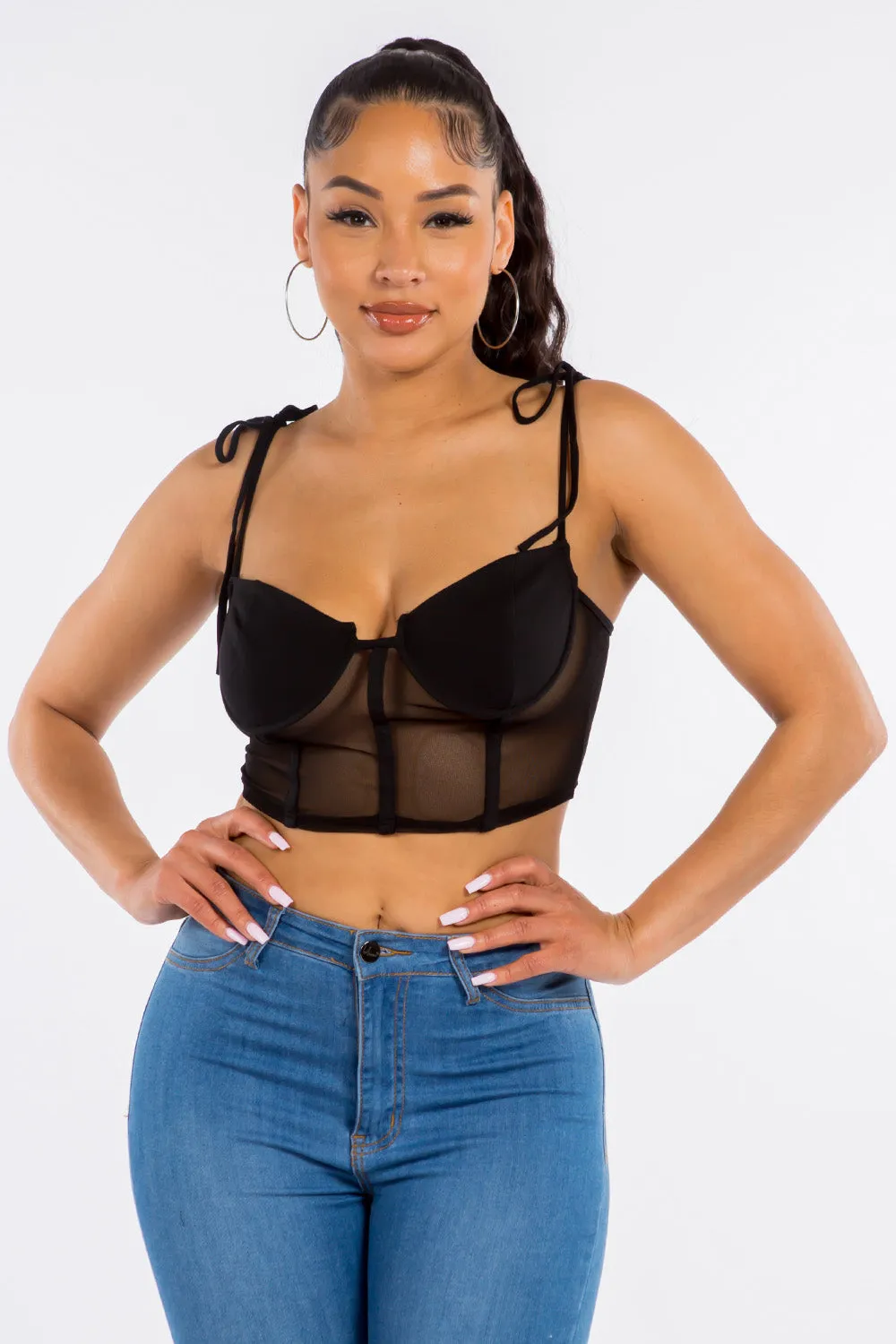 Cece Mesh Bustier Crop Top - Black