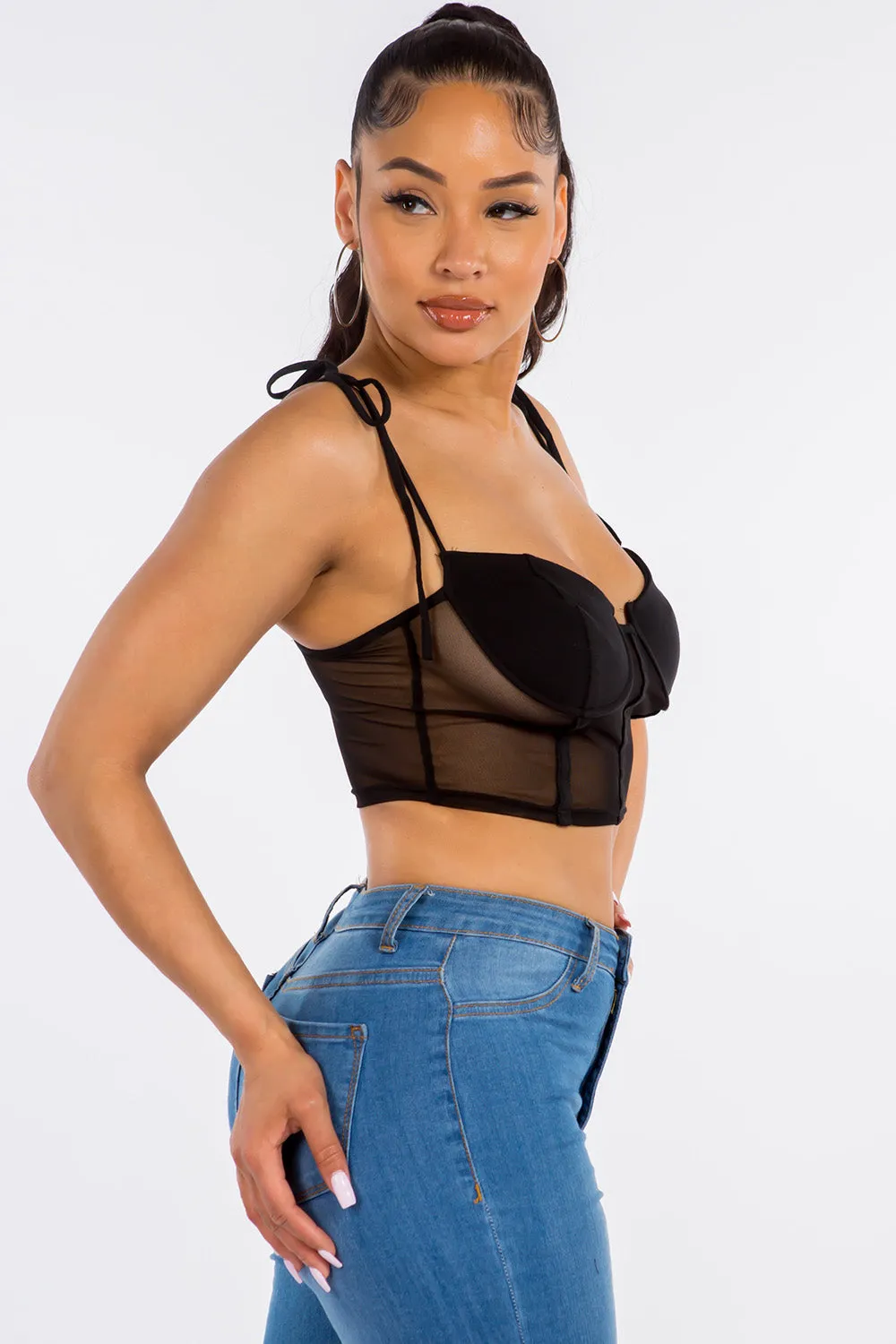 Cece Mesh Bustier Crop Top - Black